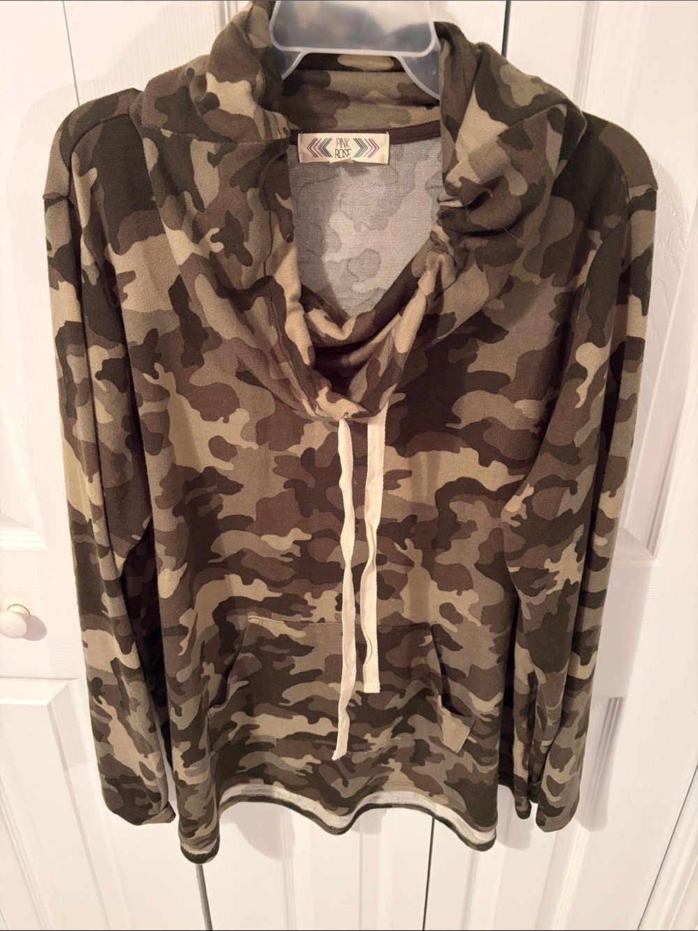 Pink Rose women’s  Cowl Neck Camouflage Pullover Sweater - Olive & Tan